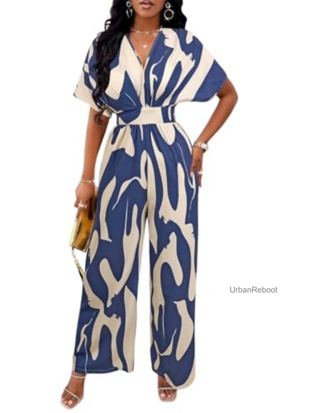 V-Neck Short Sleeve Printed Jumpsuit with Pockets Casual Wide Leg Romper